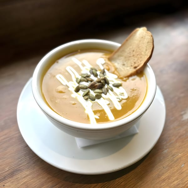 A bowl of creamy orange soup with white drizzle, pumpkin seeds, and a slice of bread.