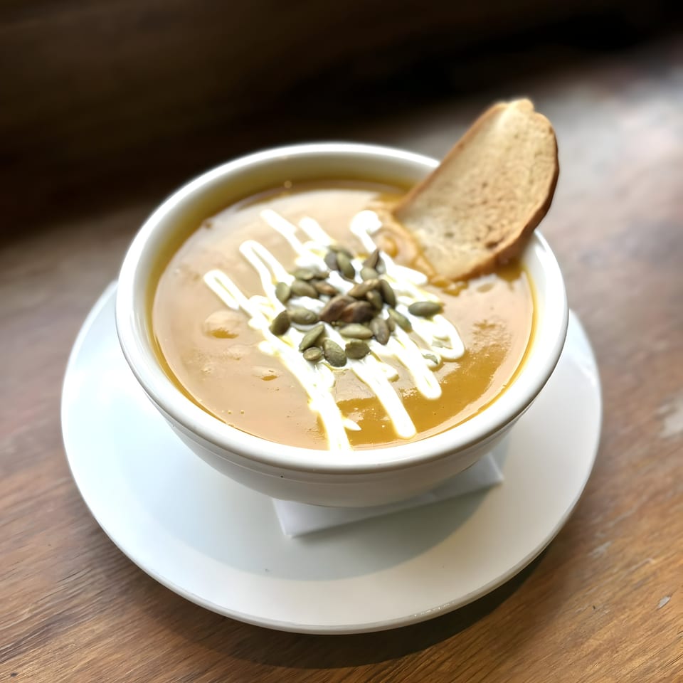A bowl of creamy orange soup with white drizzle, pumpkin seeds, and a slice of bread.